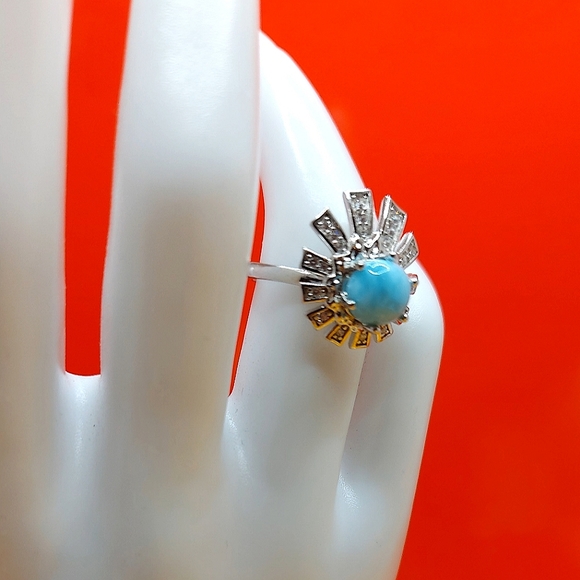 Natural Blue Larimar‎ 7mm & Cz 925 Sterling Silver Ring Size 6 - Picture 4 of 5